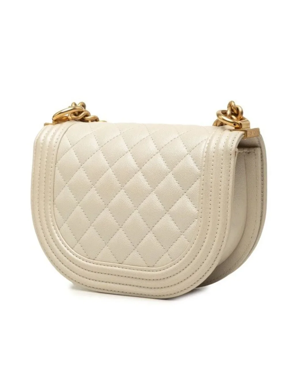 Chanel CC Logo Boy Chain Shoulder Bag White Ivory Gold Caviar Leather